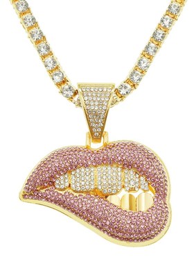 欧美潮人个e性粉唇镶钻牙齿吊坠项链 男士霸气炫酷夸张古巴链配饰