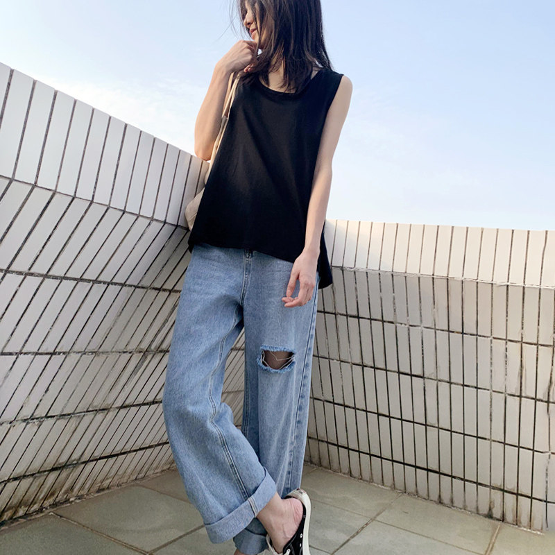 宽松纯棉吊带背心女内搭无袖t恤白色H韩版小清新上衣大码外穿夏黑