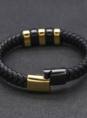 时尚民族风黑色皮绳编织手链金色相间个性潮人百搭手环配男女饰品