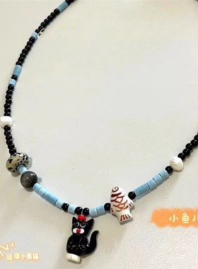克莱因蓝国潮米珠串珠s项链小众设计猫眼石小象吊坠锁骨链