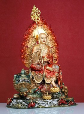 纯铜地藏王菩萨带坐骑谛听地藏佛像神贴金彩绘家用客厅供摆件慧成