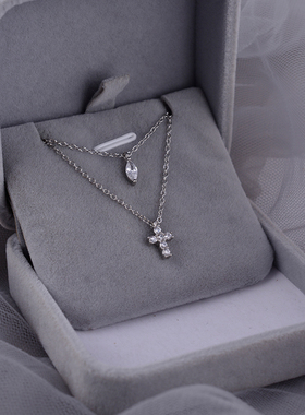 925纯银超细迷你双层十字架水滴形闪钻ins风高级轻奢项链女锁骨链