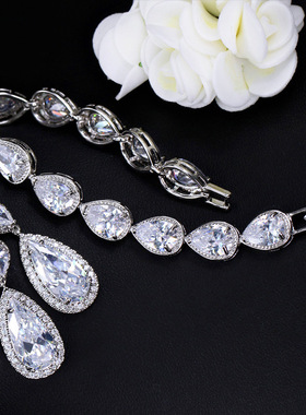 超闪新娘结婚V领婚纱晚宴会礼服配饰品奢华锆石项链耳环三件套装