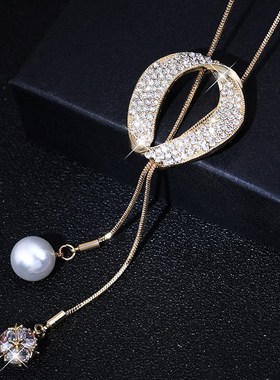 2021秋冬新款时尚简约r毛衣链女新款椭圆锆石珍珠长款项链跨境