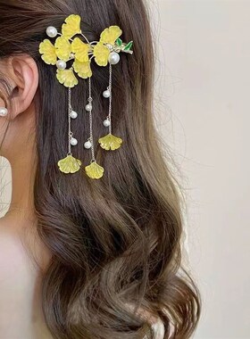 精致优雅三生有杏弹簧夹后脑勺横夹银杏叶流苏一字夹鸭嘴发夹头饰