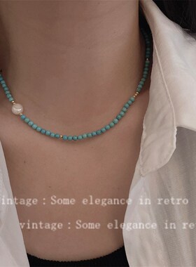 爆款轻奢复古高级感蓝色天然绿B松石彩色串珠淡水珍珠小清新项链