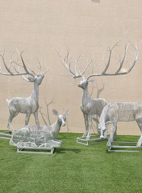 不锈钢镂空鹿雕塑钢丝线条动物发光户外公园广场创意装饰落地摆件