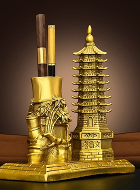 黄铜九层文昌塔摆件带笔筒宝塔家居书桌装饰工艺品书房摆设纯