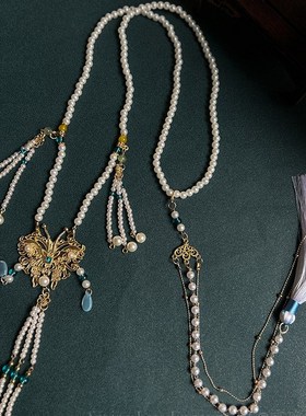 「蓝梦蝶」国风蝴蝶流苏璎珞项链新中G式古风马面裙旗袍汉服配饰
