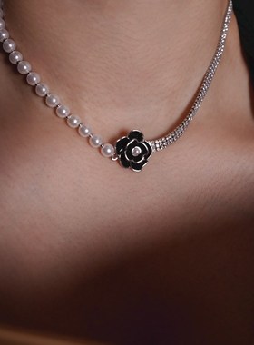 「曼哈顿晚宴」复古n赫本风高级感法式小众黑色山茶珍珠项链锁骨