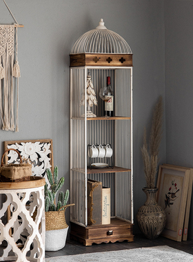 美式复古铁艺实木鸟笼置物架客厅阳台装饰花架卧室落地多层收纳架