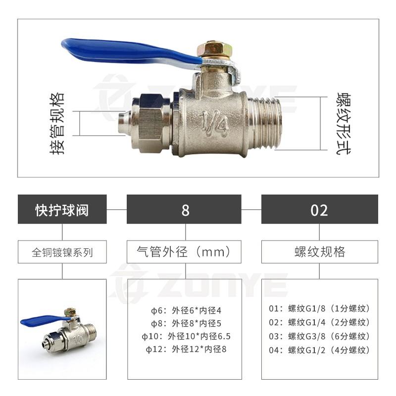 铜镀镍外丝快拧球阀插8mm水暖气动配件水管阀门开关水1/2/4分DN15