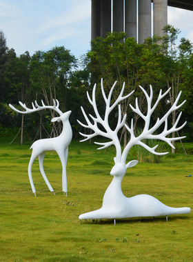 玻璃钢白色大角鹿园林景区麋鹿摆B件售楼部酒店展厅美陈装饰工艺