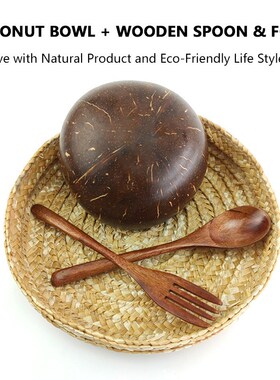 现货Superior Coconut Wood Bowl Wooden Spoon and Fork Se.t Po