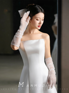新品新娘手套结婚造型拍照婚纱礼服配饰重工珍珠水钻白色网纱长款