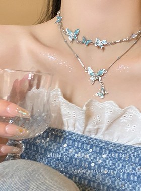 蓝色蝴蝶月光石拼接项链女甜酷辣妹高级感锁N骨链轻奢小众颈链配