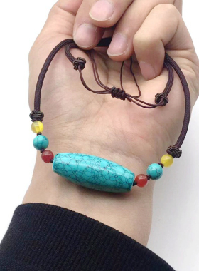 绿松石项链天珠锁骨链铁线网花圆珠链民族风O天然高瓷桶珠大吊坠