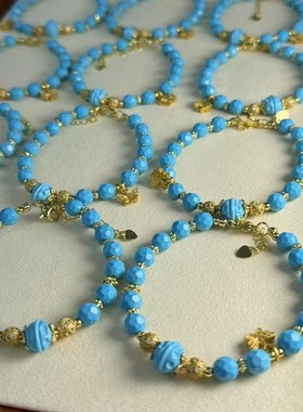 湖北原矿天然绿松石8mm无相珠手串项链高瓷蓝绿DIY女款手链