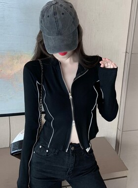 2021早春秋新款长袖t恤t打底衫女内搭露脐短款别致上衣设计感小众