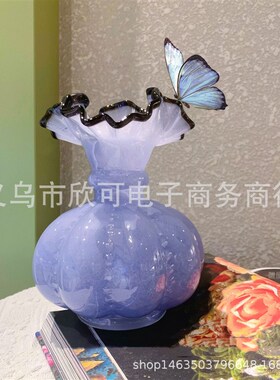中古紫色芬顿风手工玻璃花瓶法式复古风插花器轻奢家居装饰摆件