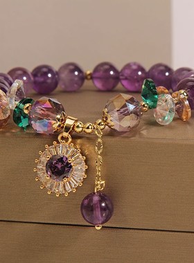 网红紫色水晶锆石圆圈吊坠手链女冷淡风甜美气质学生闺蜜手串手环