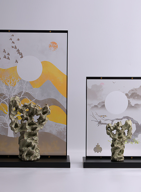 现代新中式禅意摆设样板间u售楼处客厅玄关古典招财装饰电视柜摆