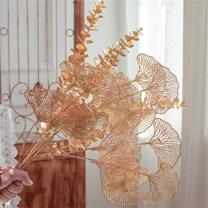 极速1PC Gold Artificial Plants Holly Ginkgo Eucalyptus Leaf-图0