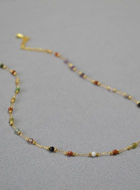 彩色天然石项链小众设计感复古百搭美拉德色N串珠豆豆链钛钢不掉