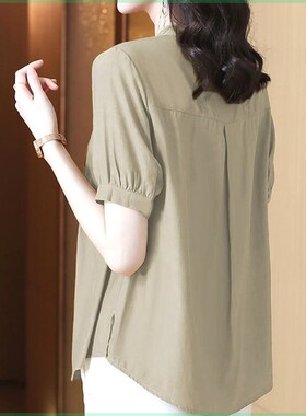 中年妈妈高档气质纯色套装2024夏季新款短袖薄款衬衫宽松休闲上衣