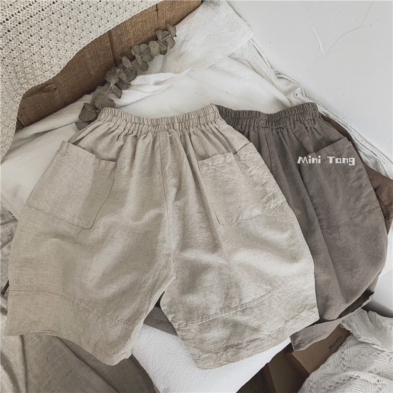 亚麻极简风d~轻薄棉麻阔腿裤儿童男女宝宝大口袋七分裤子2023夏装,淘宝优惠券,粉丝福利购,淘宝优惠卷