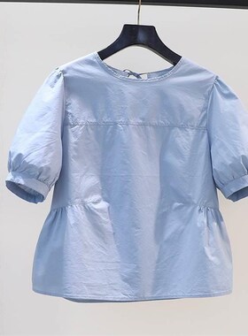 蓝色圆领套头泡泡袖小衫女2024夏季宽松娃娃衫收腰百搭上衣潮