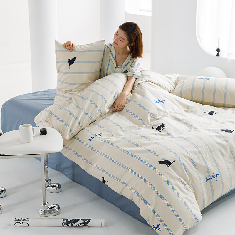 蓝色条纹猫咪全棉床上用品四件套简约学生宿舍床单被套三件套,淘宝优惠券,粉丝福利购,淘宝优惠卷