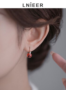 新品999纯银天然石榴石耳圈耳环女2024年新款潮轻奢耳坠耳钉红色