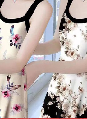 吊带收腰中长款背心连衣裙子女装夏季新款印花背带无袖打底内搭潮