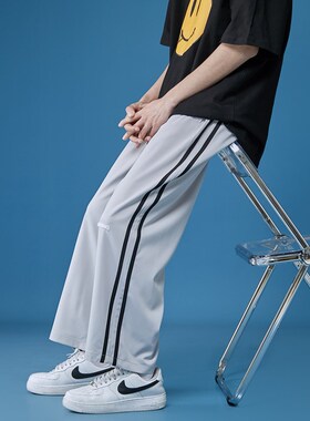 夏季薄款冰丝休闲裤子男韩版潮流运F动裤男宽松直筒九分裤男阔腿