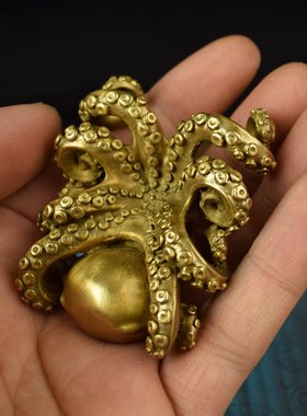 纯铜实心八方来财大章鱼随身手把件解压按摩把玩件桌面镇纸笔架