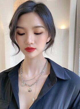 Korean temperament double layer smile face Necklace Pendant