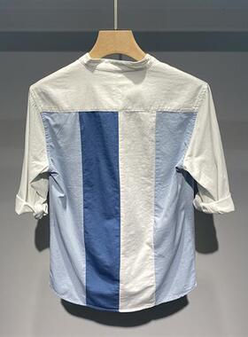 青年条纹七分袖衬衫男设计感帅气拼色H上衣服夏季宽松立领休闲衬