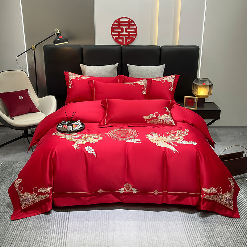 高档四件套大红色全棉龙凤结婚喜被牀单笠牀上用品新婚庆房嫁礼中,淘宝优惠券,粉丝福利购,淘宝优惠卷