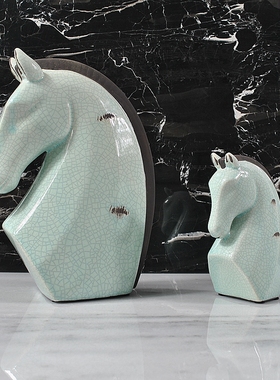 中古侘寂风复古裂纹浅蓝色陶瓷抽象D马头摆件家居玄关酒柜软装饰