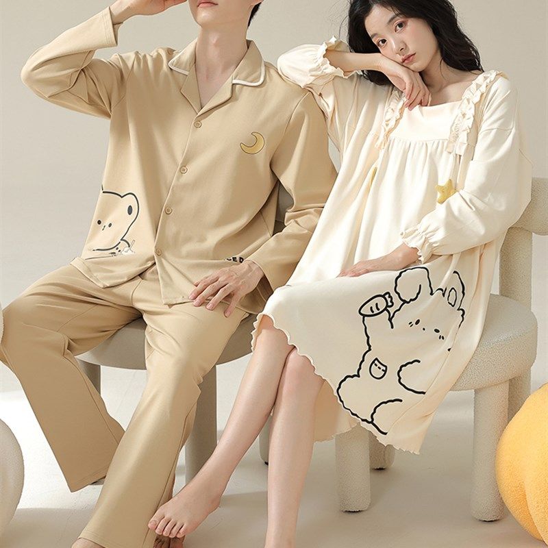 情侣睡衣春秋季长袖长裤男卡通可外穿带胸垫睡裙女春天家居服,淘宝优惠券,粉丝福利购,淘宝优惠卷