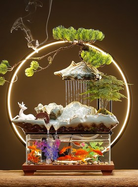 中式流水生财摆件水循环造景创意家居饰品办公室桌面装饰开业礼品