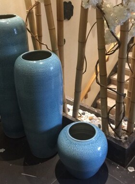 欧式手工落地蓝色窑变样板房别墅客厅餐厅软装饰陶罐大号花瓶摆件