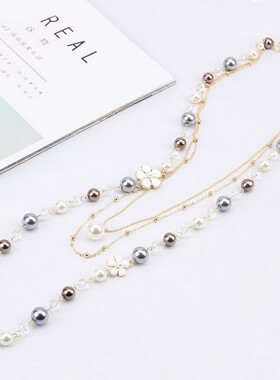韩国长款多层珍珠花瓣项链毛y衣链女挂件韩版秋冬百搭气质装饰品