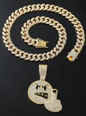 欧美跨境emoji愤怒竖s中指表情满钻吊坠古巴链 个性嘻哈潮人项链