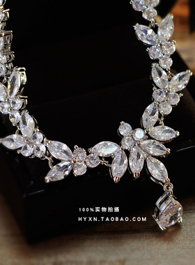 简约精致锆石项链耳o环套装新娘饰品结婚纱晚礼服配饰晚宴会首饰