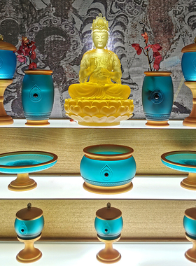 琉璃佛具套装纯铜梵华家用长明灯E香炉果盘净供水杯花瓶用品摆件