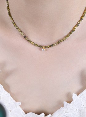 简约时尚通勤小众个性优雅镶嵌设计绿色饰品极简风钛X钢镀金项链