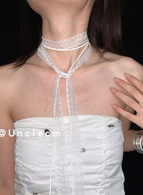白色蕾丝飘带叠戴设计感项链女纯欲温柔百搭细窄长条丝巾锁骨颈带