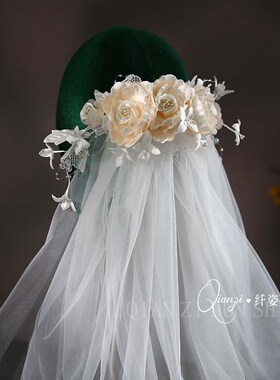 超仙港风手工花朵头纱立体花瓣灵气新娘结婚头饰婚纱X跟妆旅拍配